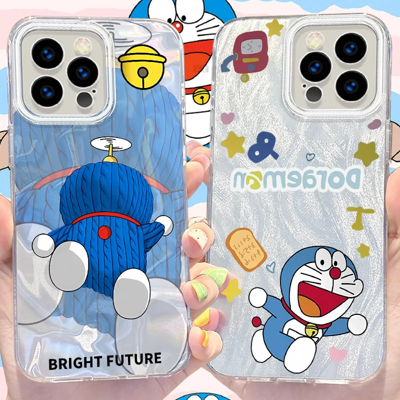 Cute Doraemon Camlet Laser Phone Case for iPhone 16 15 14 13 12 11 Pro Max XR XS X 8 7 6S 6 Plus SE 2020 2022 Hard Cover Funda