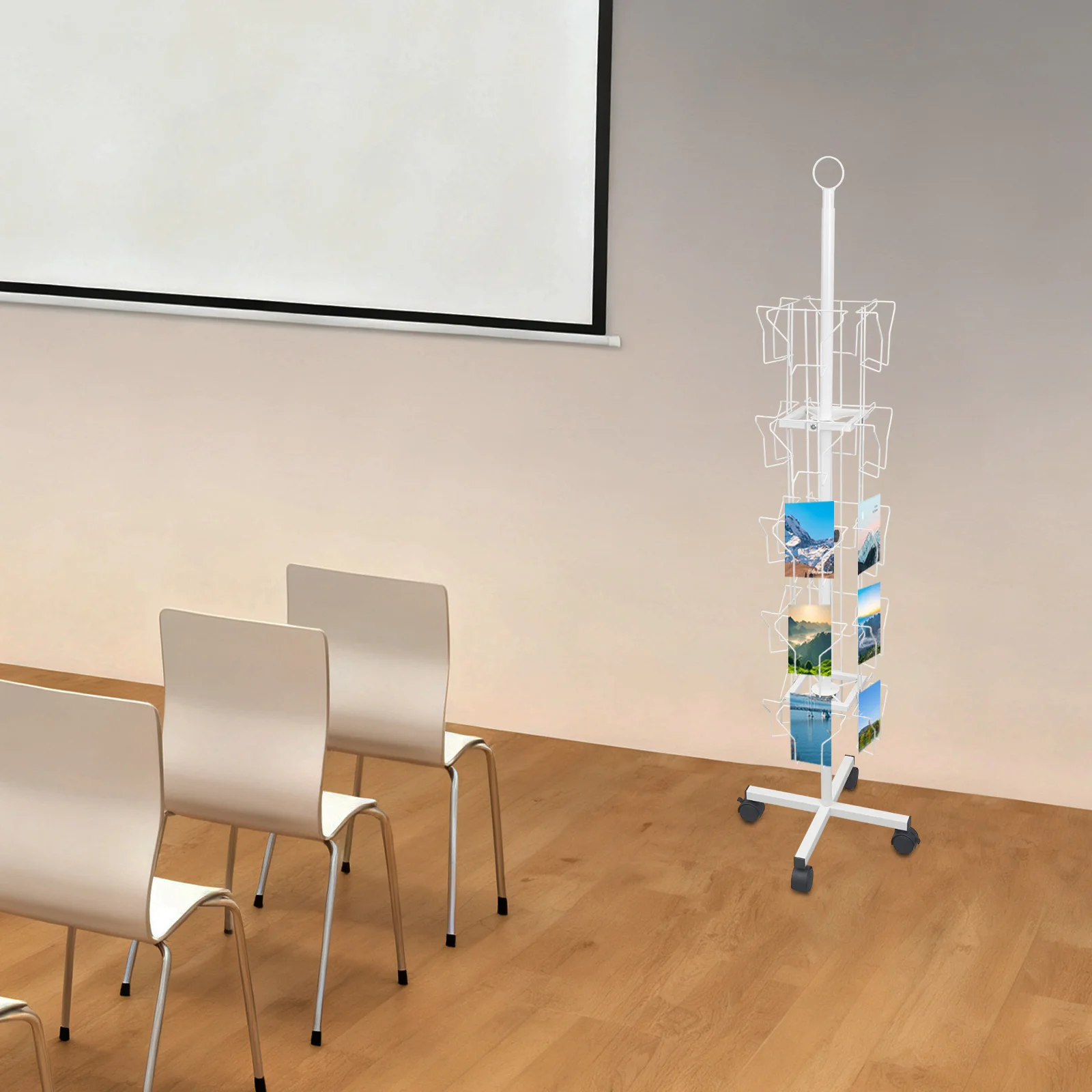 ชั้นวางการ์ดแสดงผลแบบหมุนได้ห้าชั้น ทำจากเหล็กแผ่นรีดเย็นสีขาว ขนาด 1.52 เมตร พร้อมล้อเลื่อน