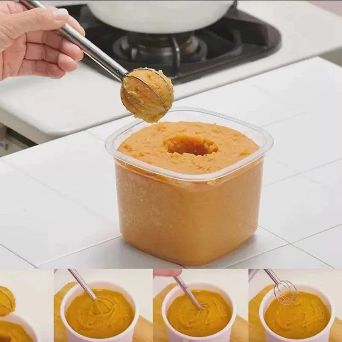 Cuchara agitadora de miso de acero inoxidable de estilo japonés, medición de doble cabeza, licuadora de huevos, salsa, batidor de huevos, herramientas de cocina