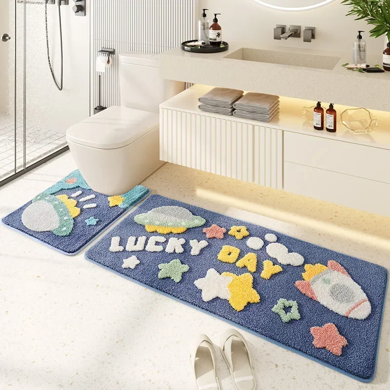 Cartoon LUCK DAY Bath Mat Set Bathroom Decoration Area Rug Toilet U-shaped Foot Mats Thickened Flocking Bath Carpet Anti-slip