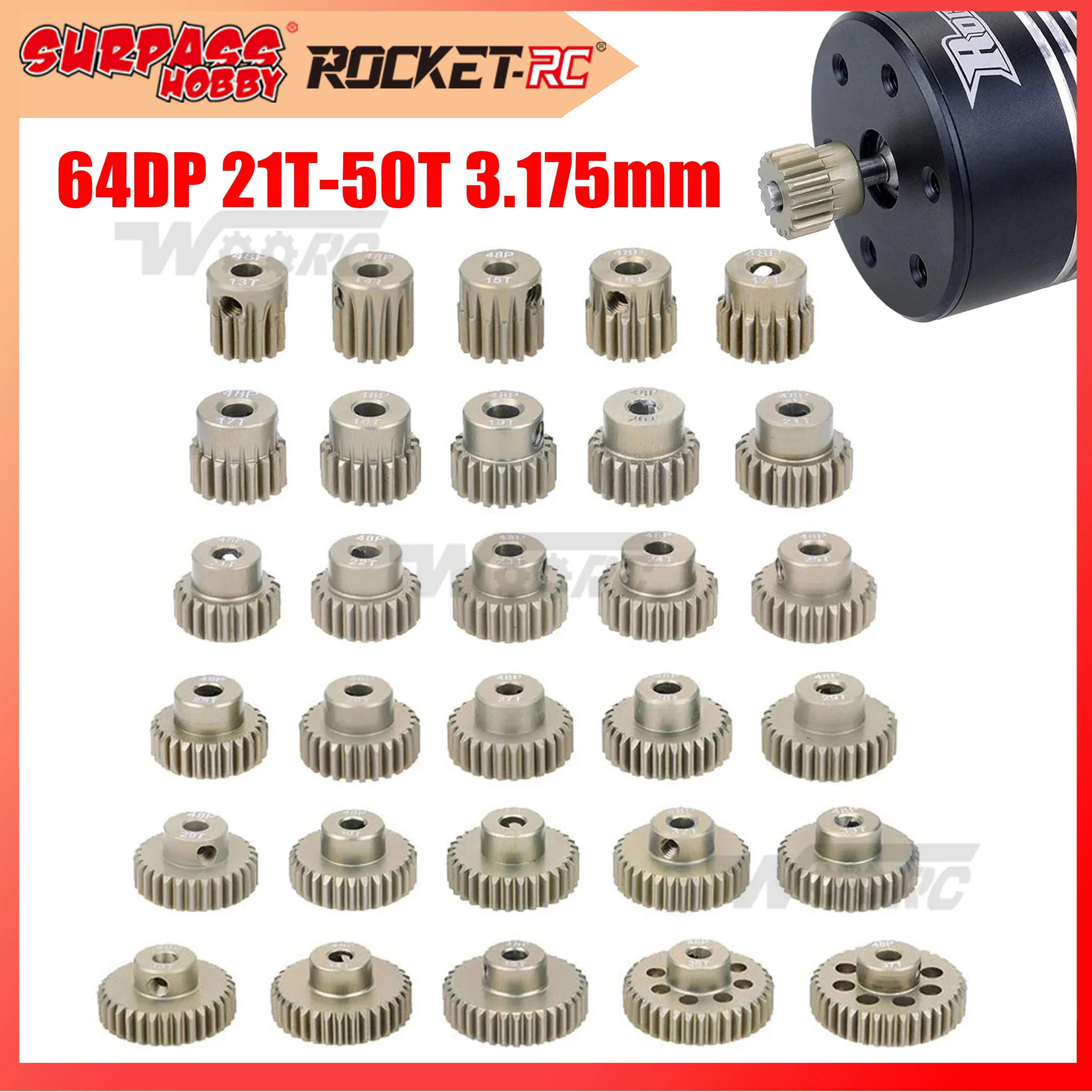 64DP 3.175mm 21T-25T 26T-30T 31T-35T 36T-40T 41T-45T 46T-50T Aluminum Alloy Metal Pinion Motor Gear for 1/10 RC Model Car Motor