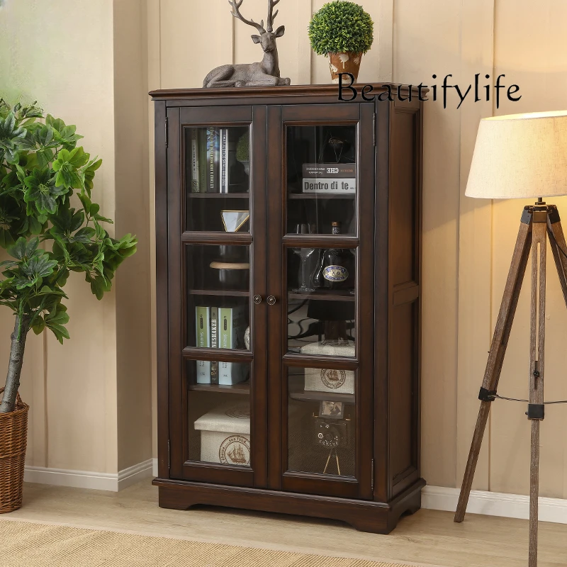 Country Solid Wood Short Wine Cabinet TV Side Cabinet Side Cabinet Black Walnut Color Living Room