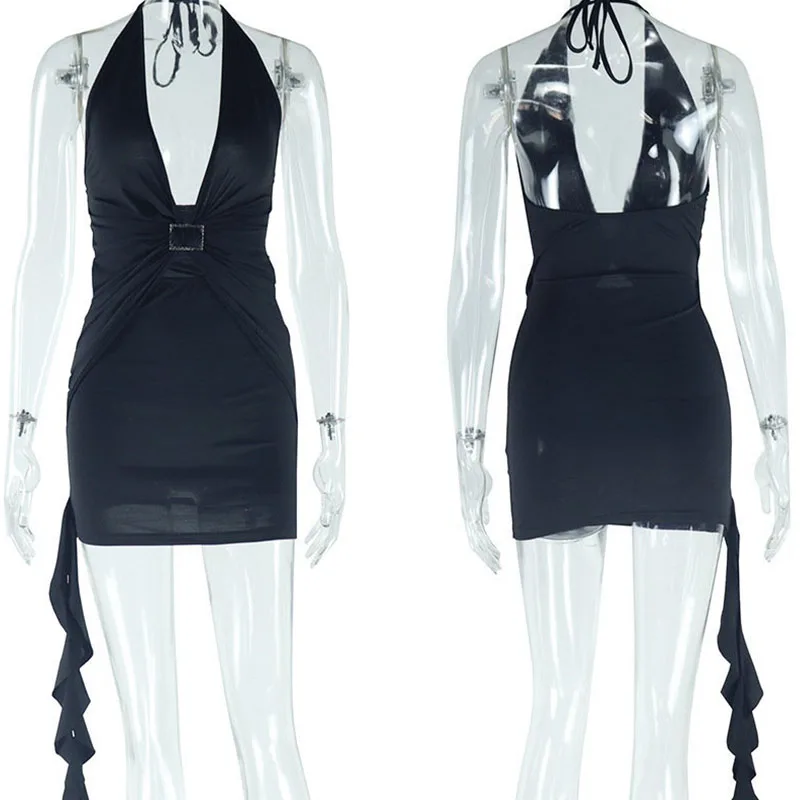 セクシーなホルターネック、深いVネック、バンテージ、ボディコンドレス、女性用ノースリーブ、バックレス、メタルボタン、ギャザー入り、クラブ、パーティー、ミニドレス、誕生日