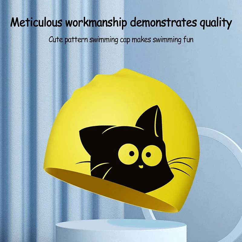 Cute Cat Swimming Cap For Long Hair Ears Protect Children Kids Waterproof Elastic Silicone Swim Pool Cap Bathing Caps Diving Hat