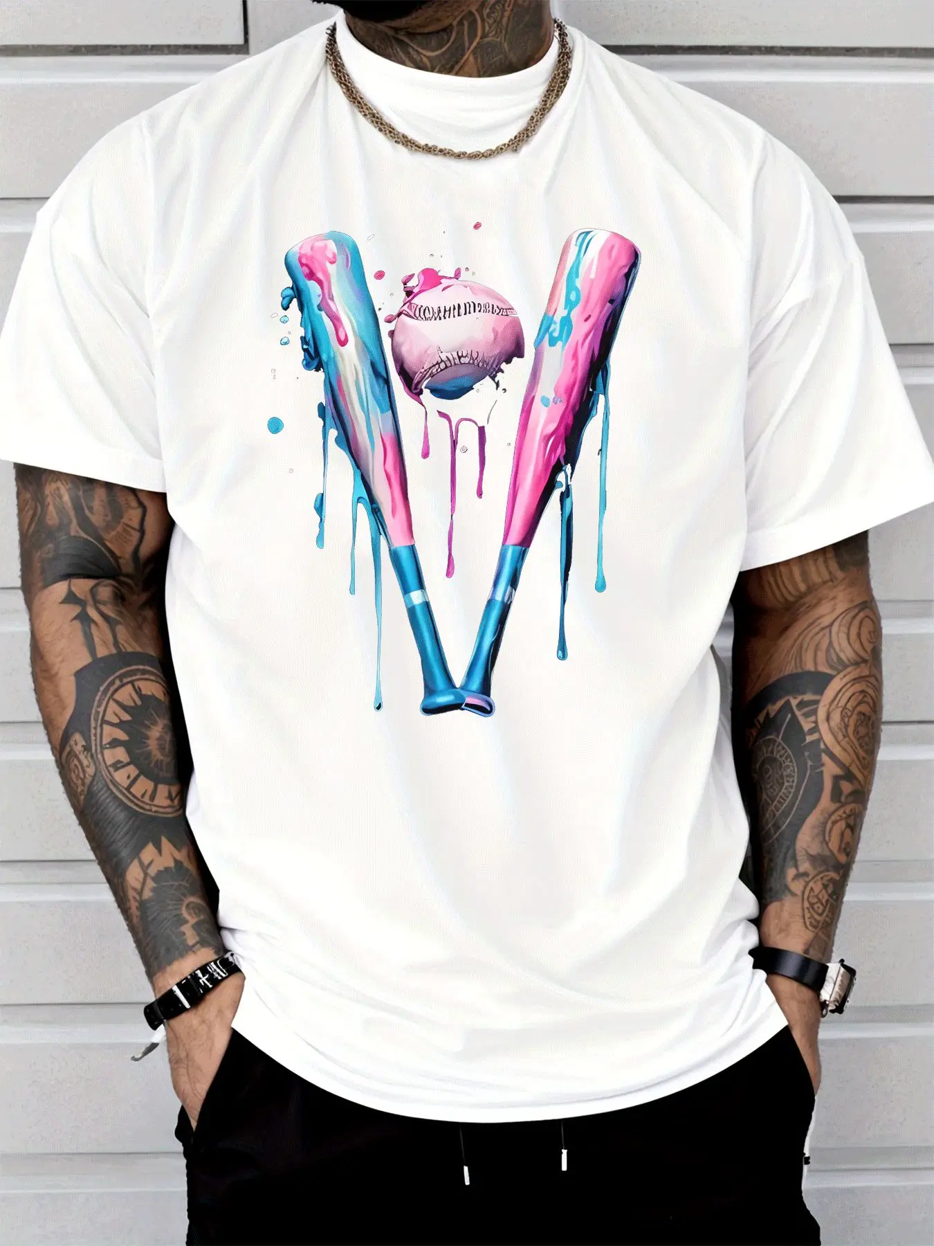 Men O Neck Short Sleeve T Shirt Colorful Drip Paint Baseball Bat And Ball Art Print Summer Soft Loose Casual Tee Tops For Guys