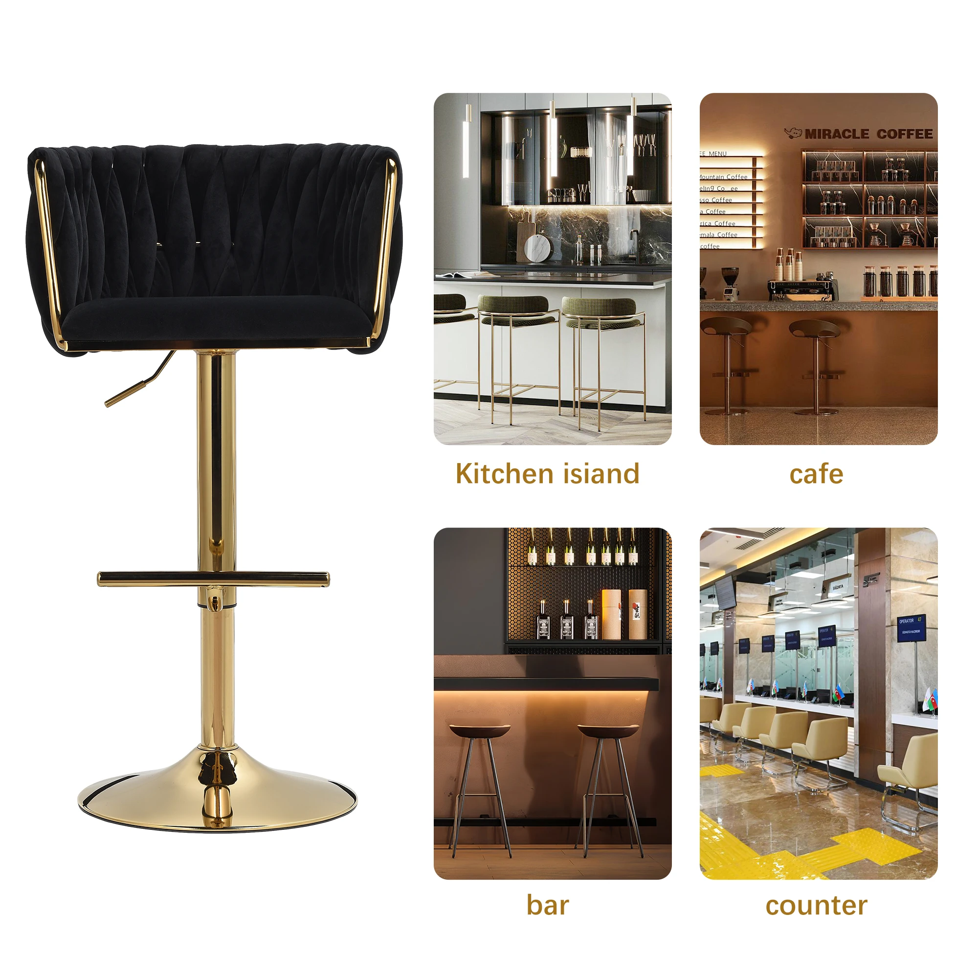 Set sgabello da bar da 2 pezzi, sgabello da bar piccolo con schienale, altezza regolabile, sgabello da bancone in velluto e metallo - Nero