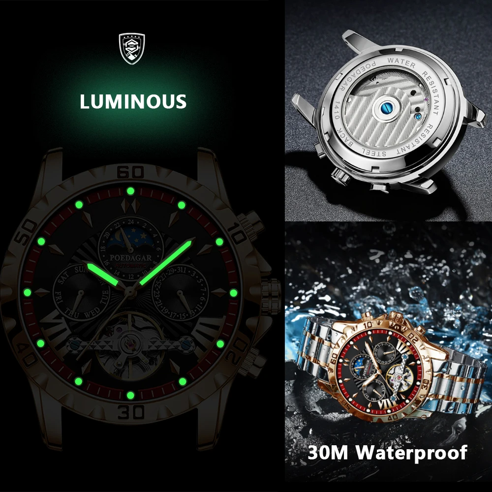 POEDAGAR ساعات رجالية متعددة الوظائف موضة أصلية ساعة ميكانيكية أوتوماتيكية للرجل الياقوت مرآة جوفاء دولاب الموازنة التاريخ