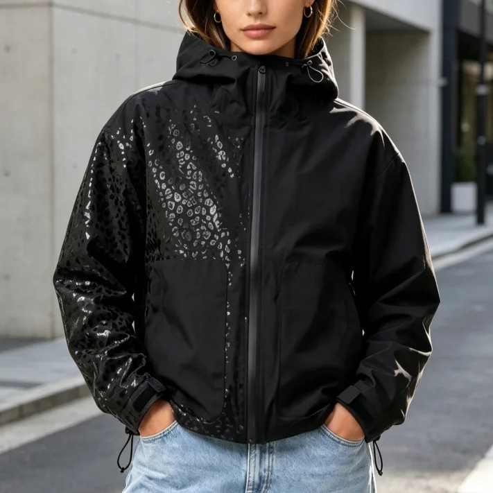 Women Jacket Water Reactive Leopard Print Hooded Windbreaker Outdoor Casual Coats