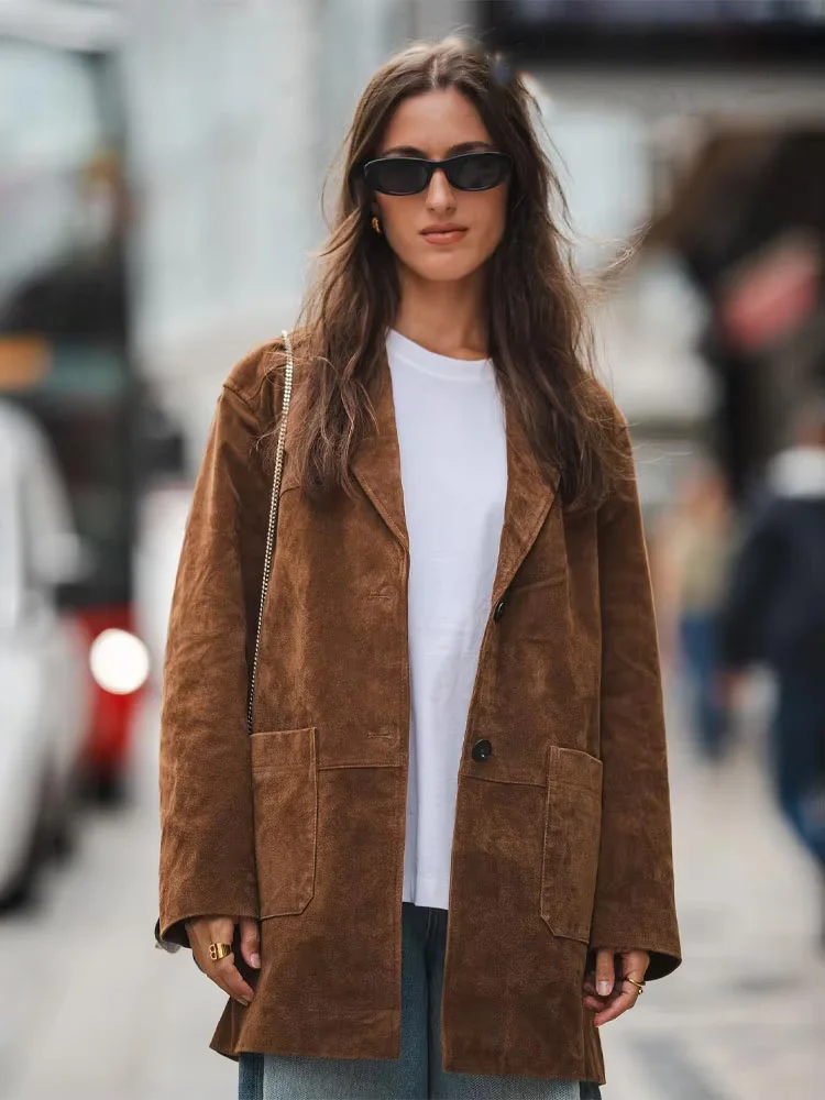 HH Woman Fashion Single-breasted Casual Loose Vintage Street Jacket Women Chic Lapel Long Sleeve With Pockets Autumn Coat