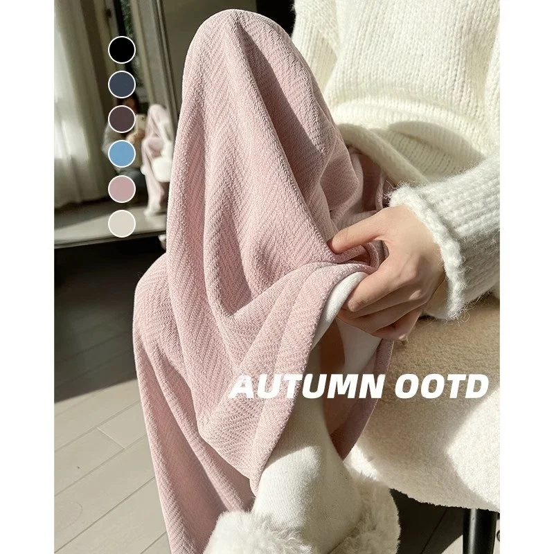 ارتفاع الخصر بنطال ذو قصة أرجل واسعة المرأة الخريف الشتاء فضفاض عادية طول الأرض بنطلون صوف مبطن الكاكي السراويل مزيج البوليستر #1