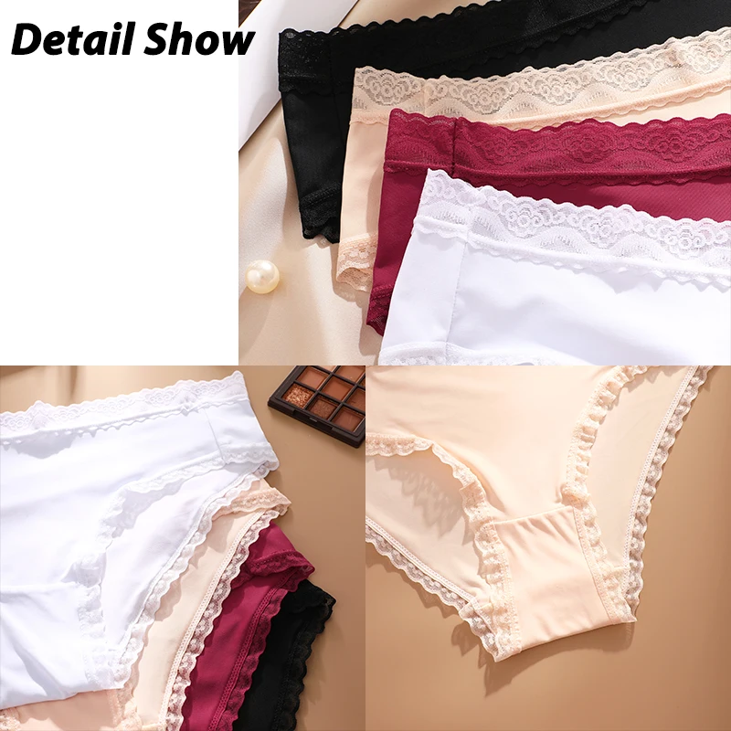 4Pcs Ice Silk Women\'s Underwear Lace Edges Briefs Seamless Panty Low Waist Sexy Panties 4 Colors Close fitting Comfortable Panty