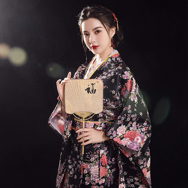 Female Sexy Lingerie Robe Satin Printed Bathrobe Kimono Gown Spring Autumn Sleepwear Loose Casual Home Dress Yukata with Obi