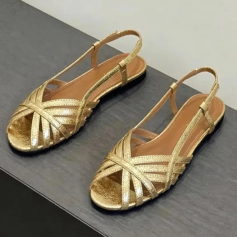 FANIECES Women's Designer Flat Sandals Summer Peep-toe Narrow Band Slingback Roman Shoes Beach Holiday Footwear Brand Sandalias