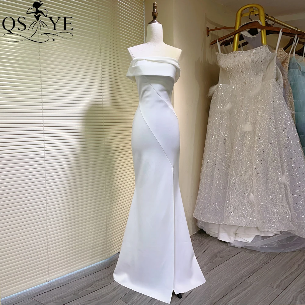 QSYYE White Evening Dresses Elastic Mermaid Off Shoulder Split Formal Gown Strapless Neck One Strap Fitted Prom Party Dress Slit