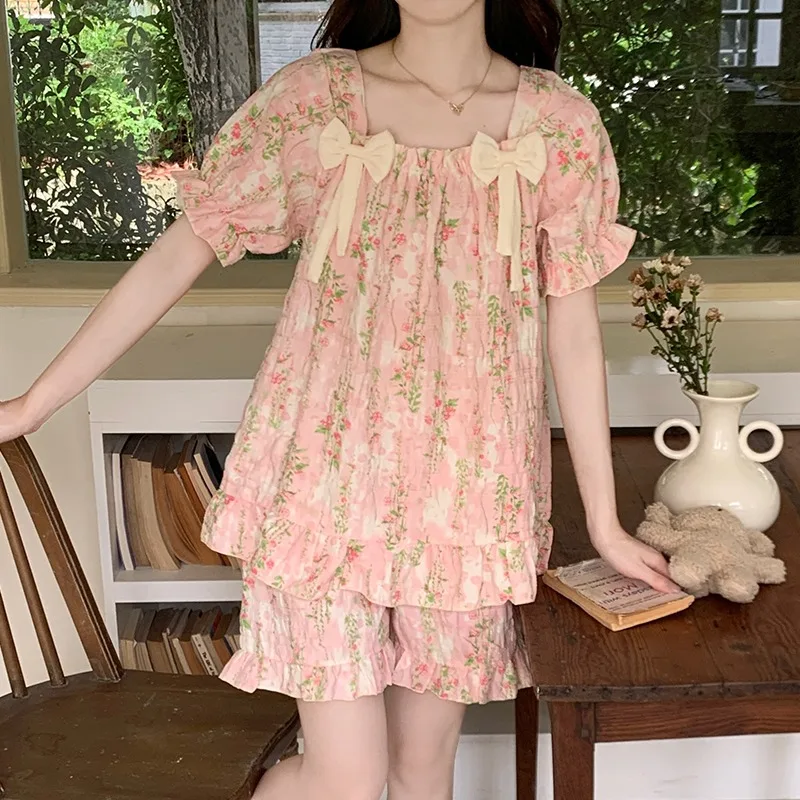 French Aesthetic Women Sleepwear With Built-in Chest Pads Slash Neck Bow Design Women's Pajamas Set Casual Homewear Loungewear