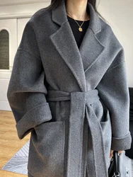 High-end Bathrobe Double-sided Wool Cashmere Coat New Women Loose Lace-up Fashion Warm Wool Coat Long Overcoat Autumn Winter