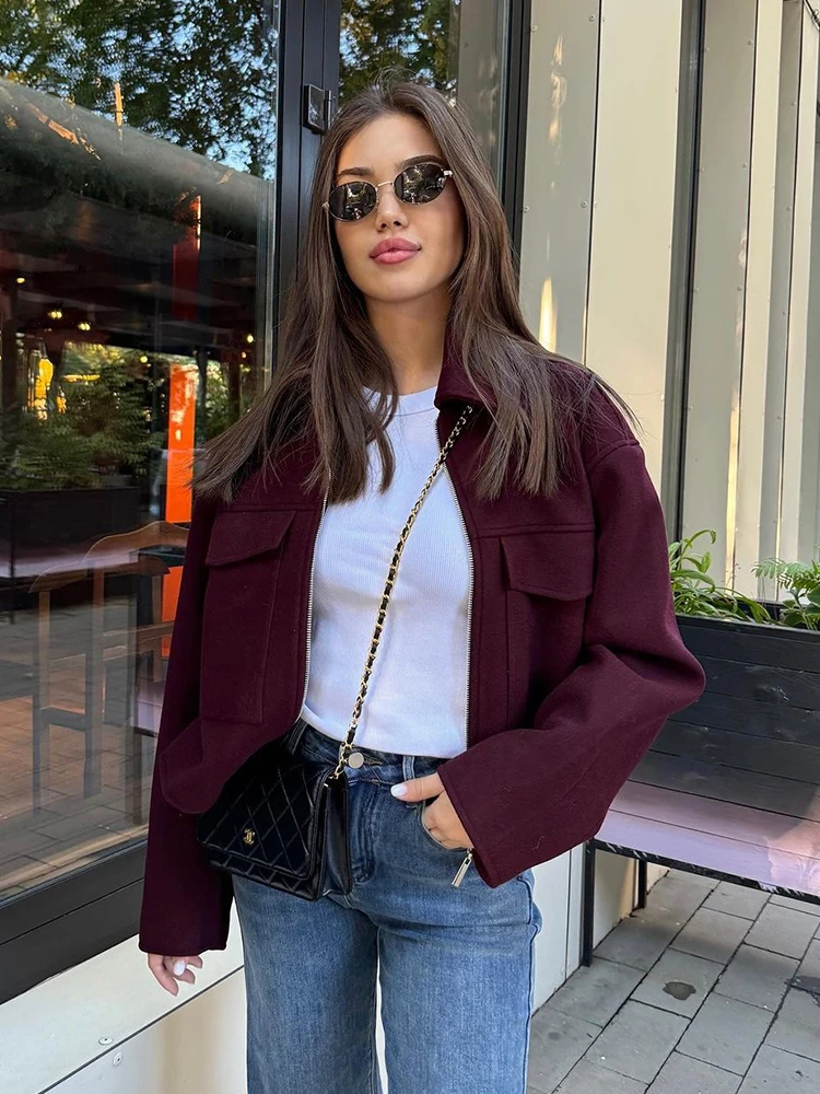 Foridol Autumn Winter Thick Burgundy Coat Jacket Women Zip Closure Turn Down Collar Short Jacket Veste Casual Angola Red Coat