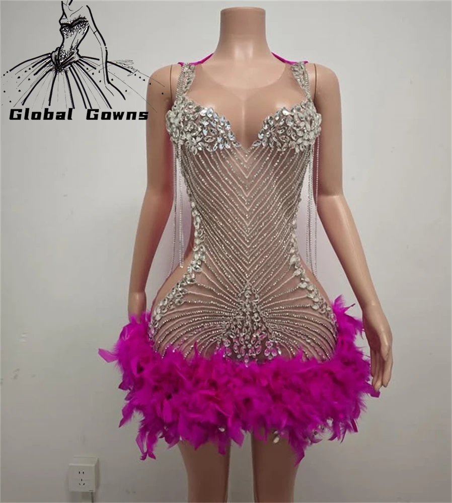 

Luxurious Feather Mini Cocktail Homecoming Dresses for Girls Rhinestones Sweetheart Party Gowns Customised Plus Size