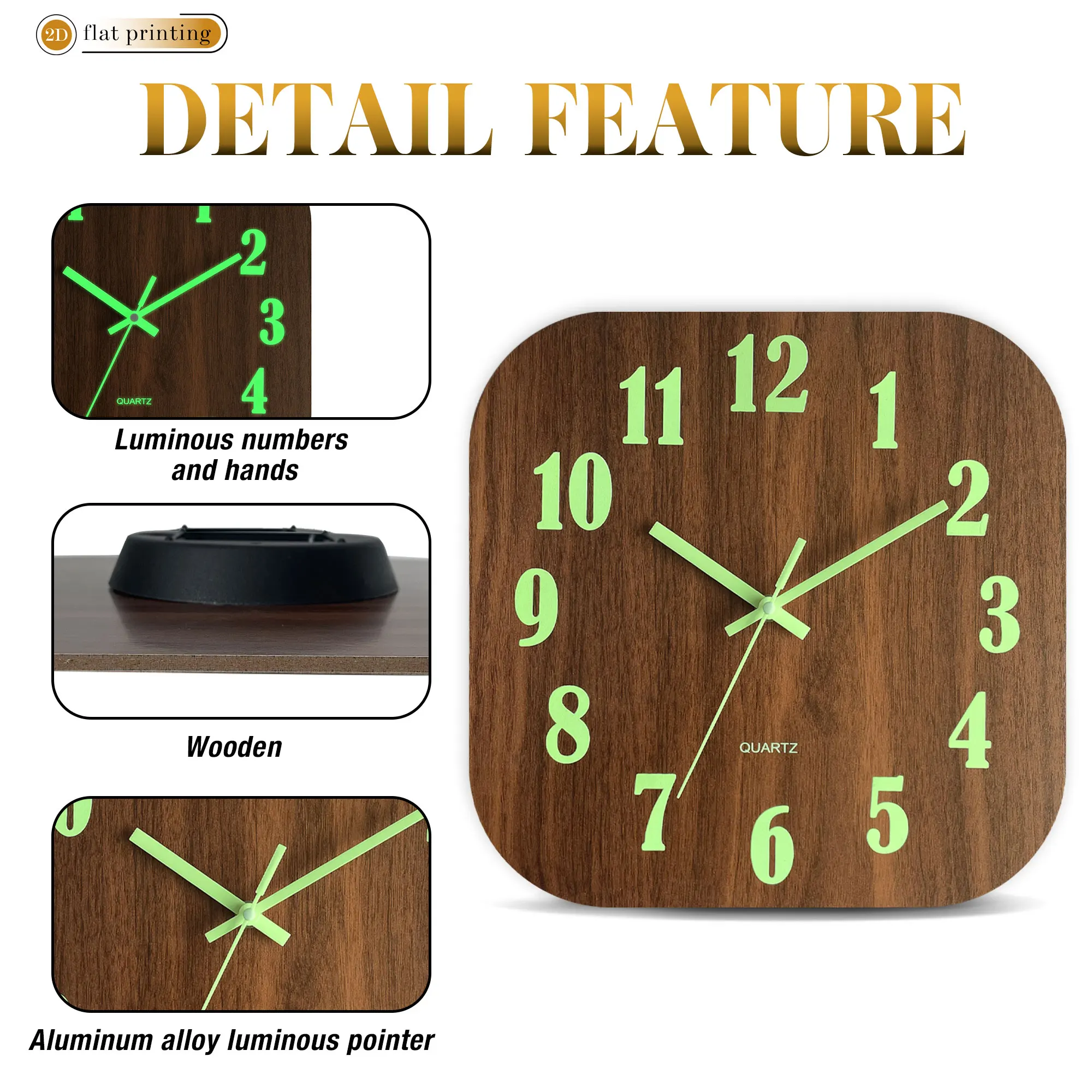 1015 Square Glow-in-the-Dark Wall Clock with Bright Luminescent Numbers, Quartz Movement, for Home/Office Decor