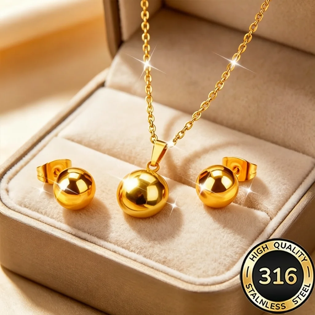 3pcs/set Necklace and Stud Earrings Jewelry Set Stainless Steel Minimalist Trendy Simple Round Pendant Jewelry for Daily Wear