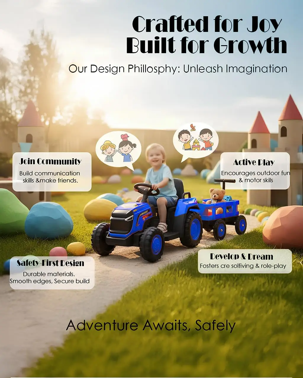 Kleinkinder fahren mit Traktor mit abnehmbarem Gartenwagen, 12-V-Elektro-Kinderfahrzeugspielzeug mit Anhänger, ferngesteuert bis zu 2,5 Meilen pro Stunde