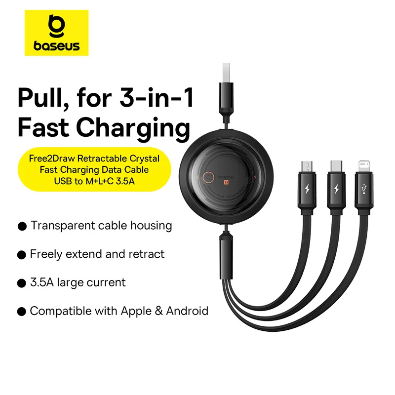 Baseus 3 IN 1 USB Charge Cable for iPhone 14 13 12 Micro USB Type C Cable Retractable Charging Cable For iPhone X 8 Samsung