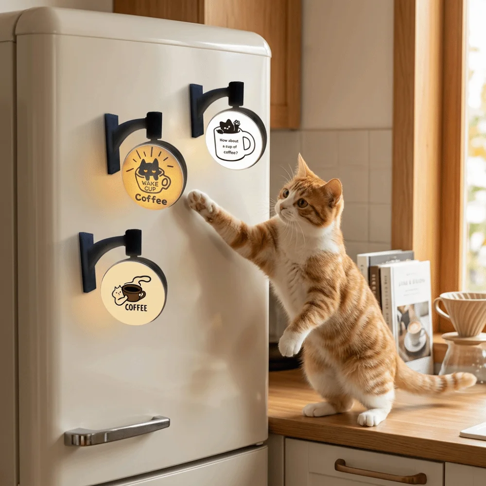 Rotatable Cat Fridge Magnet Round Light Up Light Sign Cat Coffee Theme Creative Cat Coffee Light Sign Refrigerator Decoration