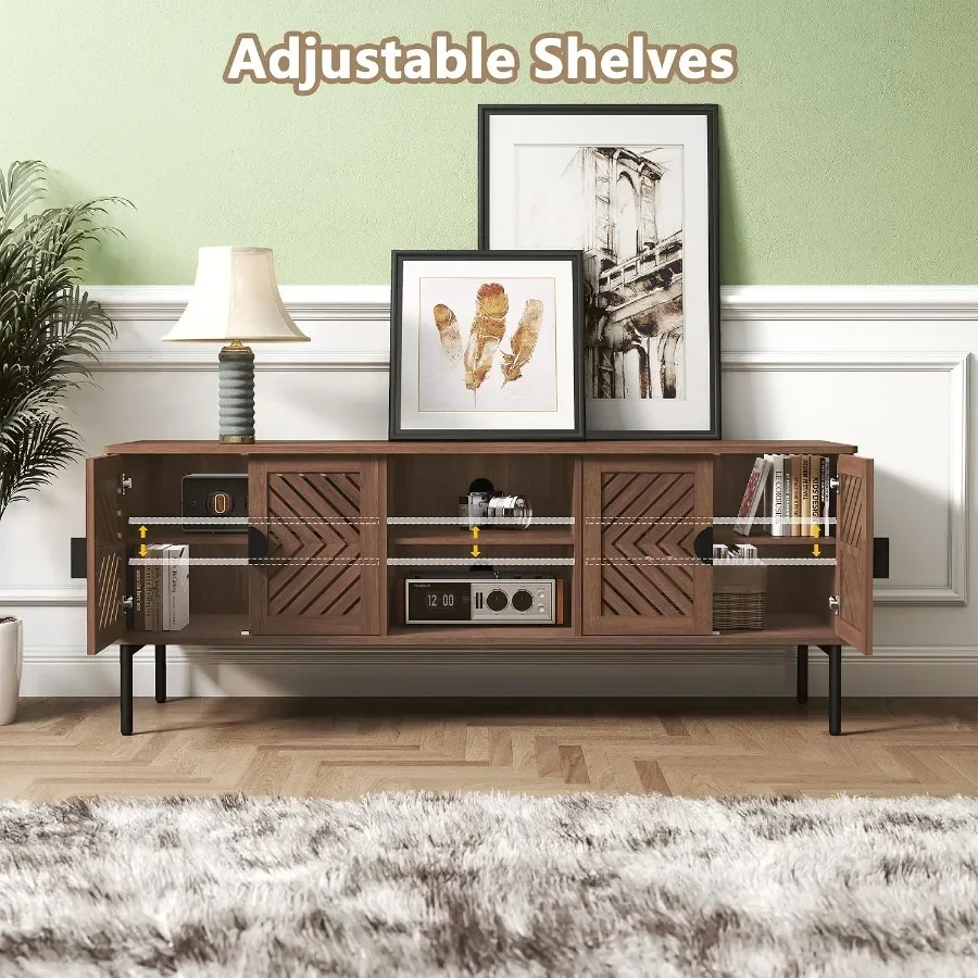 63 TV Stand for Living Room, Engineered Wood Entertainment Center with Storage Shelves, Brown Finish, Modern Style and Sturdy C view 3