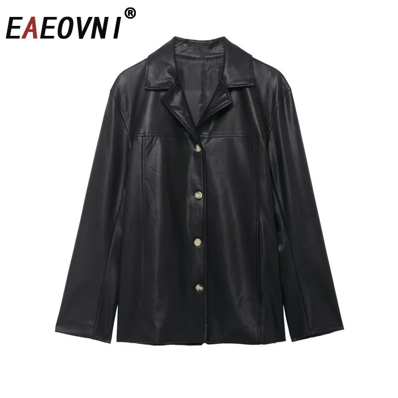 EAEOVNI Black Leather Women's Jacket Lapel Collar Long Sleeve Single Button Fashion Coat Outerwear 2026 New Clothing