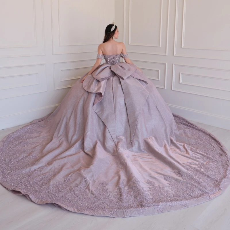Light Lilac Glitter Quinceanera Dresses Off Shoulder Ball Gown Sweet 16 Dress Sequin Applique Lace Beads Bow Tull Party Birthday
