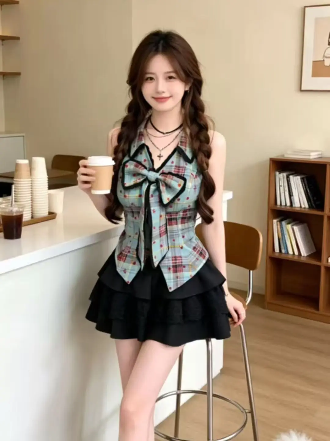 

Summer New Style Pure Desire Fashion Hot Girl Set Women's Knot Plaid Sleeveless Top Cake Short Skirt Two Piece Set