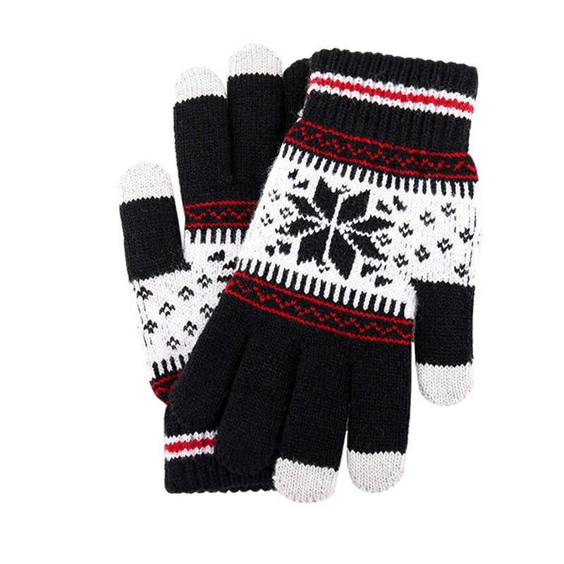 Rimiut Winter Warm Gloves Women Men Stretch Knitted Snowflake Full Finger Guantes Female Thick Mittens Touch Screen