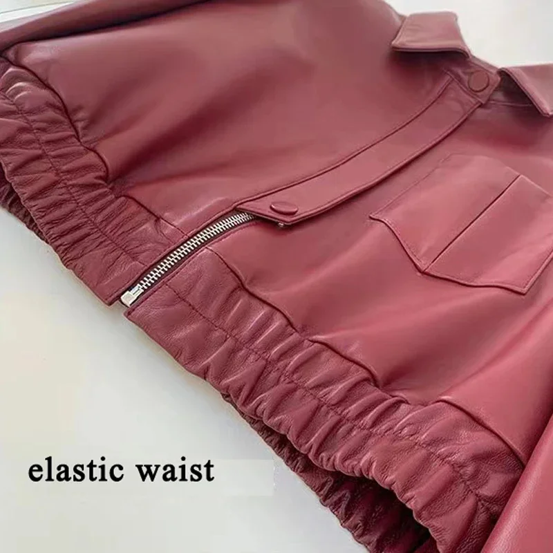 2024 European New Fashion Short Leather Jacket For Women 2024 Casual Elastic Band Waist Top Clothing Mujer Varsity Claret Veste