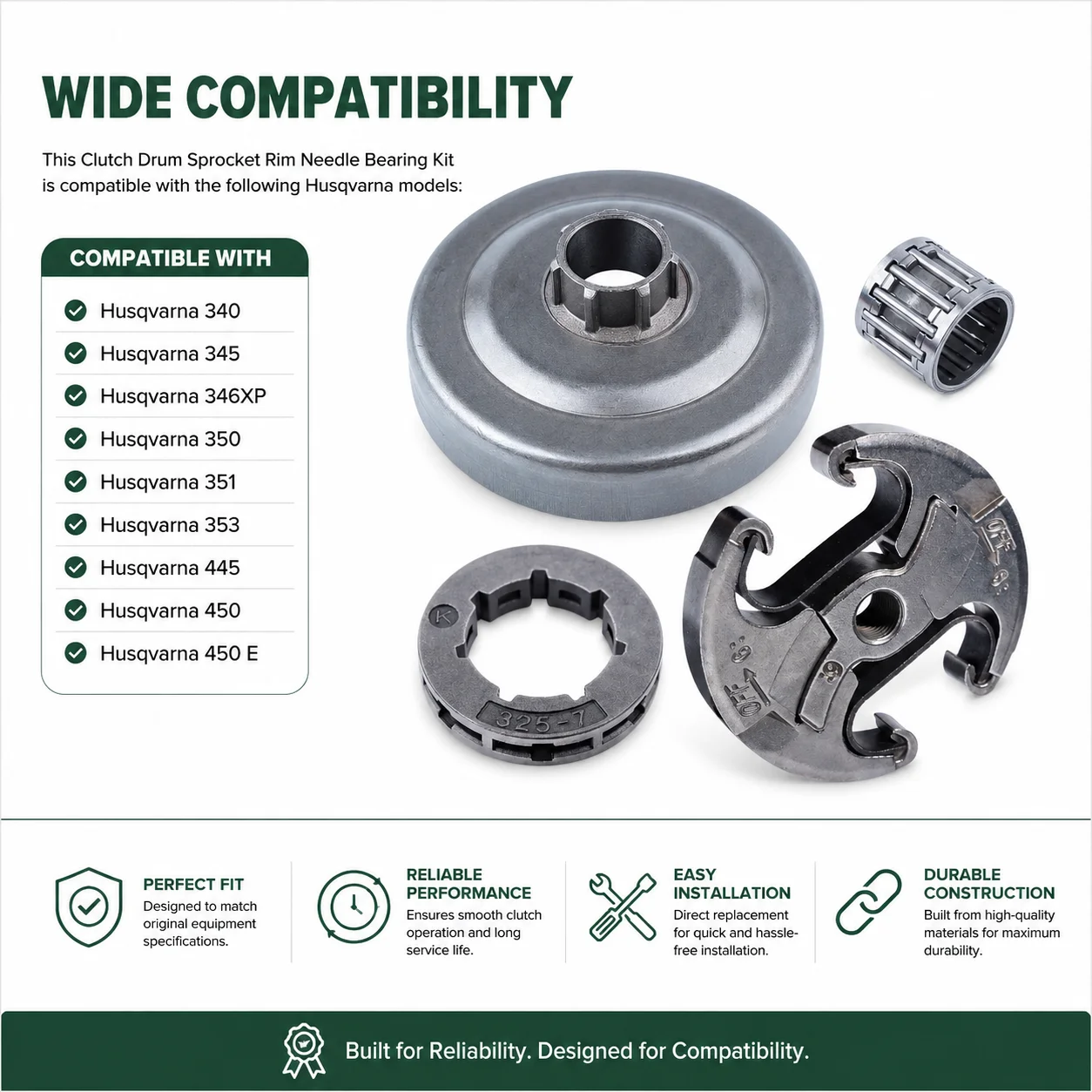 .325"-7T Clutch Drum Sprocket Needle Bearing Kit for Husqvarna 340 345 346XP 350 351 353 445 450 OEM 537110503 Chainsaw Parts view 3