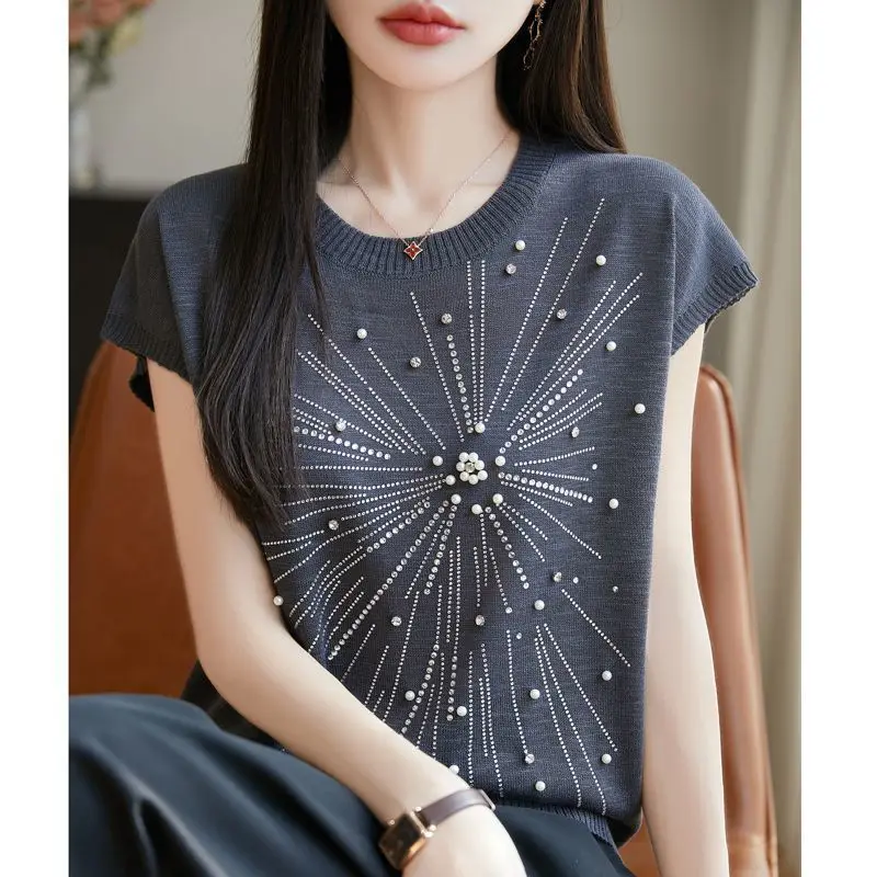 Fuochi d'artificio Perline Diamanti e T-shirt da donna a maniche corte Top slim e larghi in seta ghiacciata Alla moda
