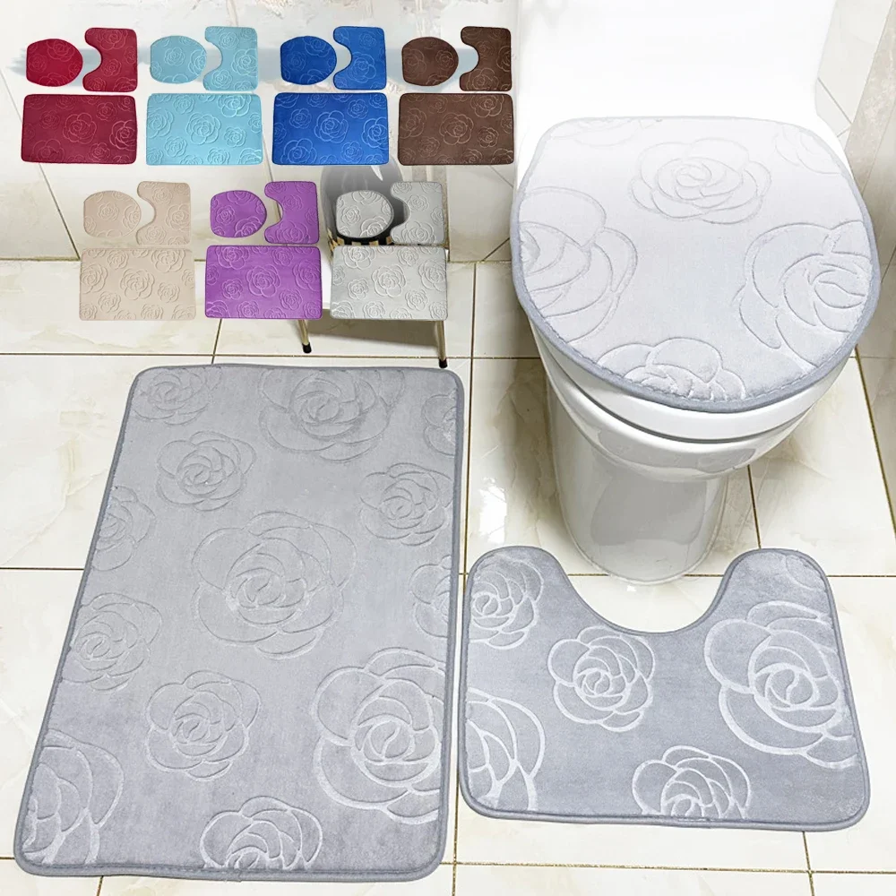 

3PCS/set Rose Floor Mat Bathroom Rug Water Absorption Anti-skid Mat Shower Bathroom Doormat Bedroom Carpet Non Slip Floor Mats