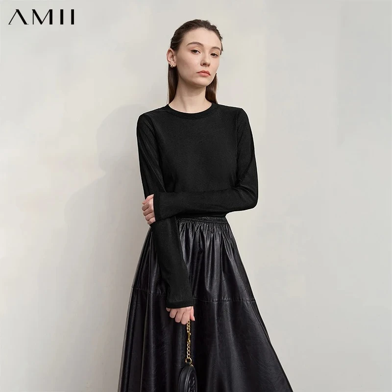 Amii Long Sleeve T-shirt 2026 Autumn New Shiny Casual ONeck Slim T-Shirt Women's Solid Color Versatile Mesh Knitted Top 12523045