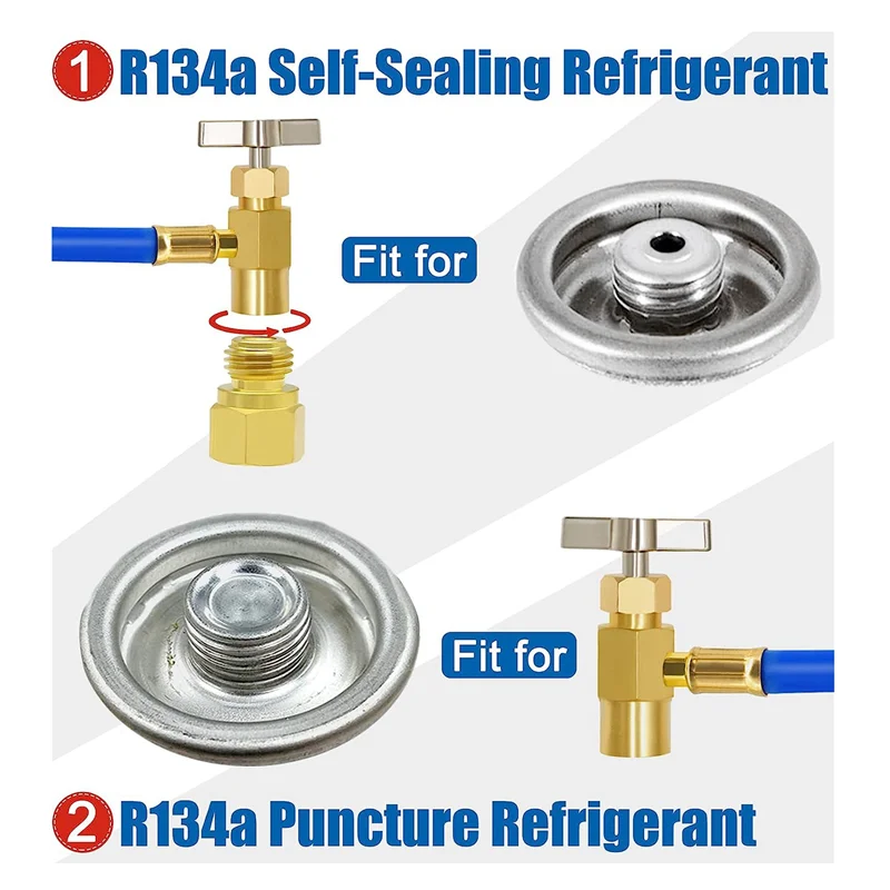 ACR134A Refrigerator Freon Recharge Kit AC Charge Hose with Gauge, Piercing Can Tap and Self-Sealing Adapter