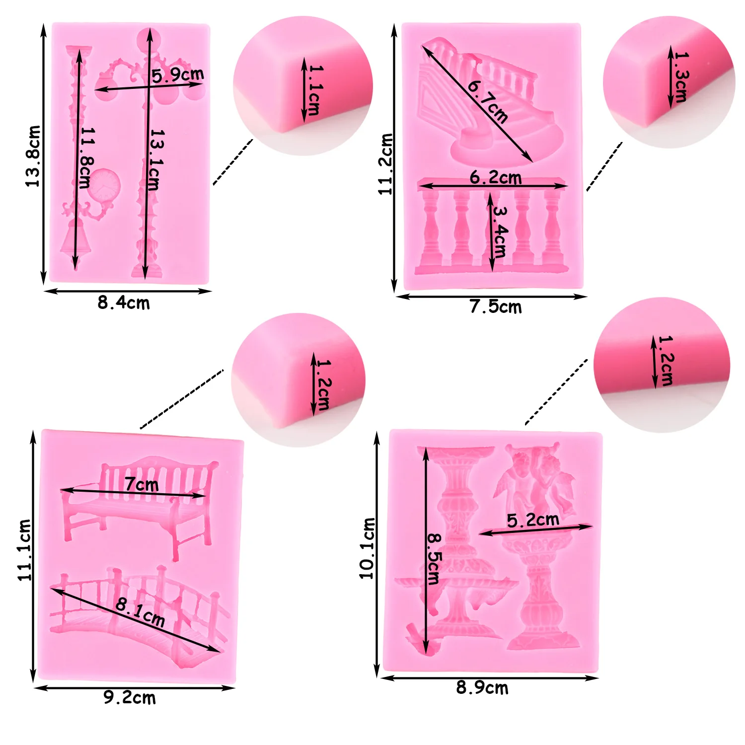 4pcs Fountain Street Lamp Silicone Mold Bench Bridge Fondant Molds Staircase Railing Cake Decoration Candy Clay Chocolate Mould