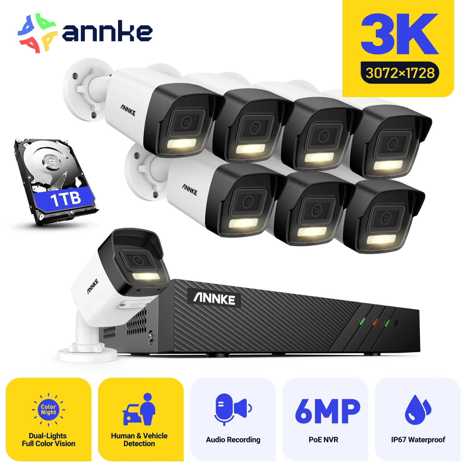 ANNKE-防水セキュリティカメラキット,DVRシステム,スマートデュアルライト,5mp IRナイトビジョン,保護ビデオ,CCTV,8ch