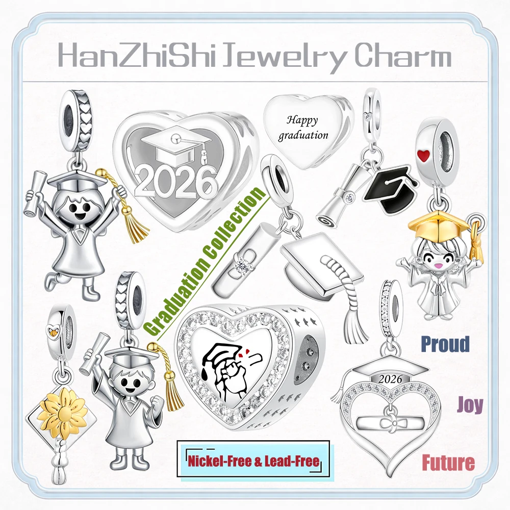 HanZhiShi 2026 Graduation Charm Beads Cap Diploma Student Pendant fit Original Bracelet Necklace Women Gift Silver Plated Copper