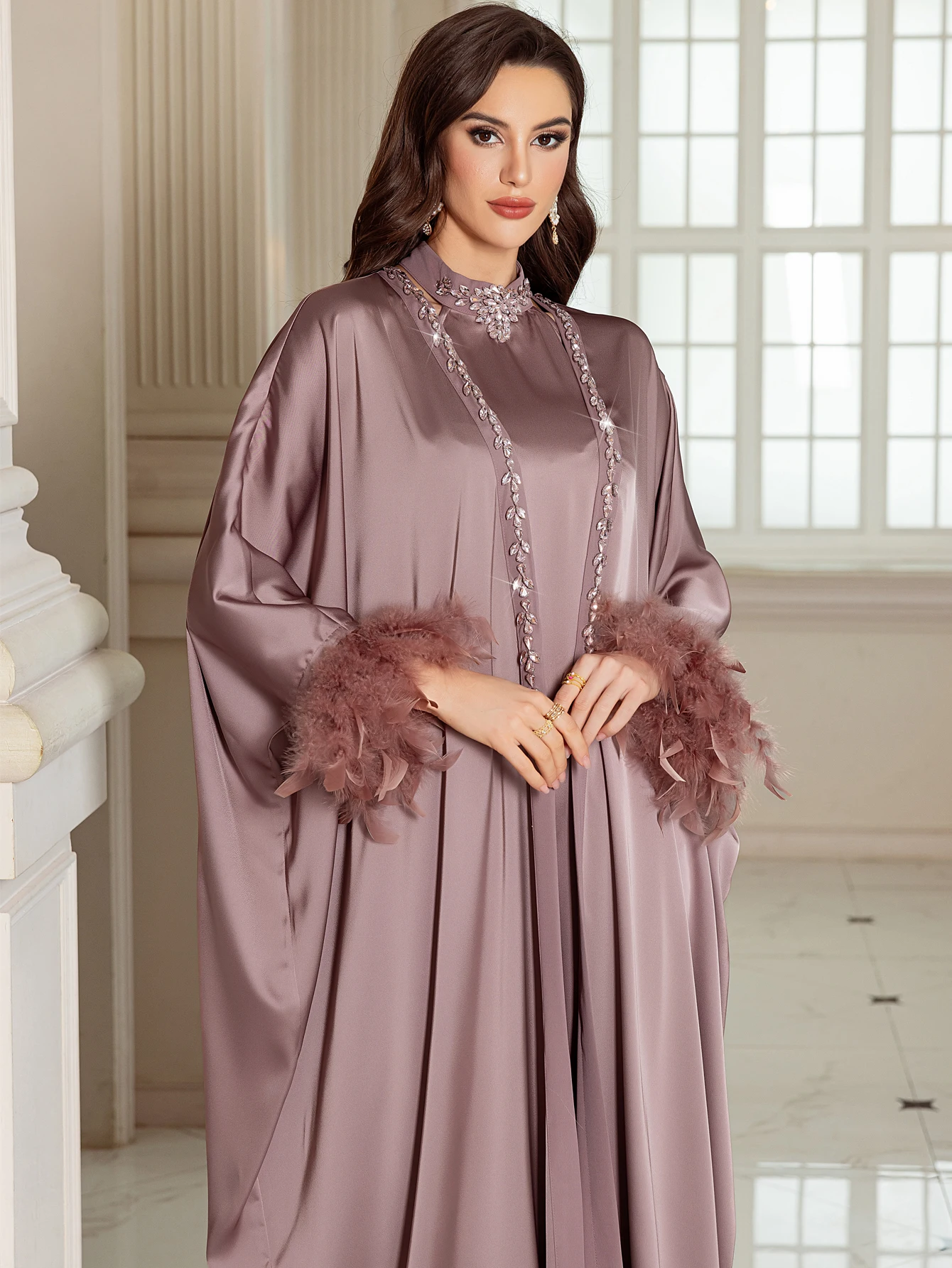 Dubai Abayas for Women Feather Muslim Sets Satin Kimono Cardigan Kebaya Turkey Kaftan Ramadan Islam Clothing Robe Abayo Arab