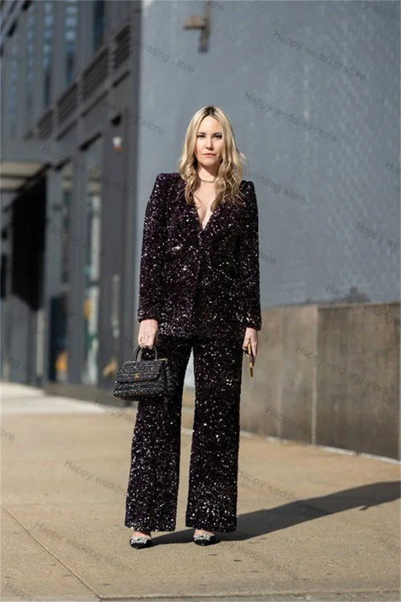 Shiny Sequins Women Suit Set Blazer+Pants 2 Pieces Formal Wedding Tuxedo Custom Made Red Carpet Jacket Party Coat Trousers