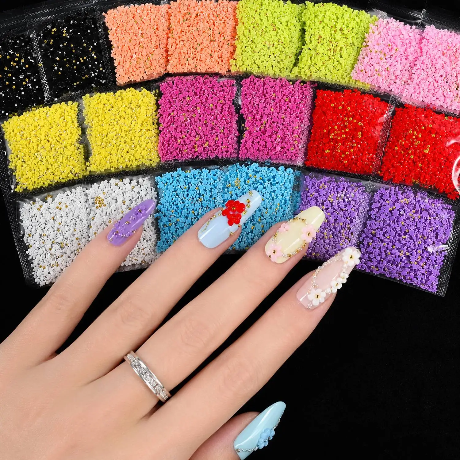 

1Bag Pastel Gold Beads Five Petal Flower Nail Charms Multicolor Resin Flower Nail Decor Gentle Fresh Flower Nail Supplies