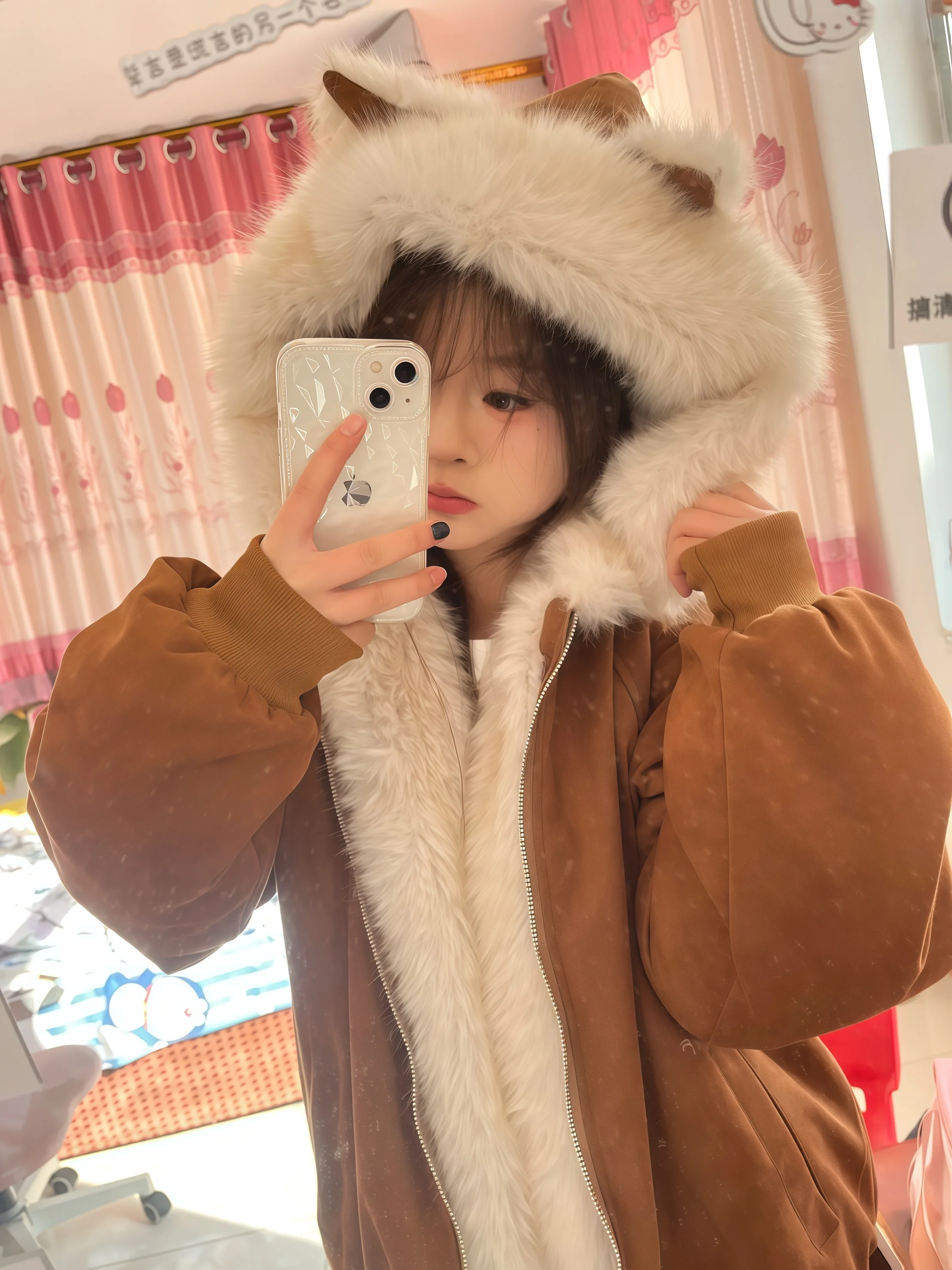 

Thiened American Sle Cotton Jaet with Ears Collar ex Winter Coat Couple Matching Warm Polyester Filling Long Sl...