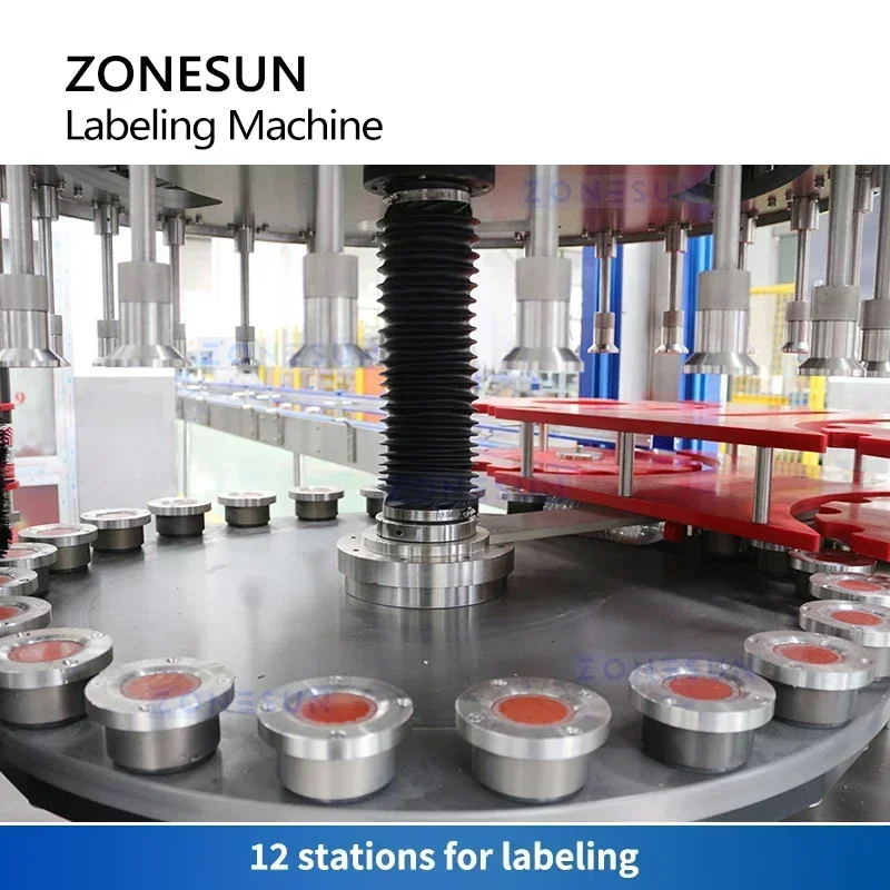 เครื่องติดฉลากกาวร้อนอัตโนมัติ ZONESUN รุ่น ZS-GTB12 สำหรับฉลาก BOPP แบบวงล้อดาว ใช้งานรวดเร็ว สำหรับบรรจุภัณฑ์ขวดทรงกระบอก ทรงรี และขวดปั๊ม