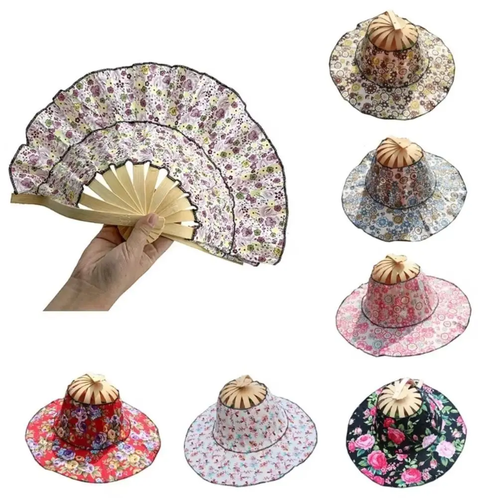 

Wide Brim Folding Fan Hat Floral Printed Foldable Fan Sun Hats UV Protection Chinese Style Bamboo Sunscreen Cap Beach