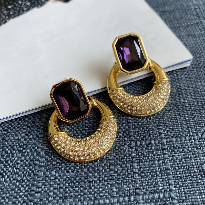 Fashion Jewelry Vintage Geometric Rhinestone Stud Earrings with Noble Purple Crystals For Women, Unique Gifts