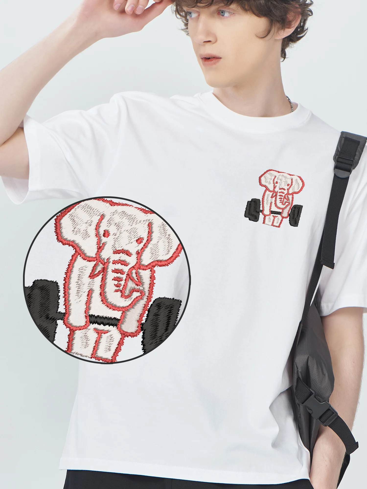 Weightlifting Elephant Embroidered Tshirts Mens Gifts 100% Cotton Summer Unisex Designer  Embroidery Camisetas De Hombre