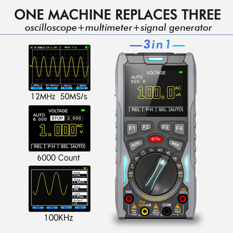 TOOLTOP ET928 Generatore di segnale multimetro oscilloscopio digitale portatile compatto 3 in 1 Larghezza di banda 12 MHz per riparazioni elettroniche